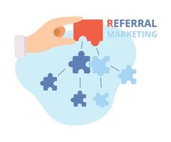 Referral Marketing, Hand Putting Puzzle Pieces, Program Strategy, Customer Database, Refer a Friend, Business Partnership, Blogging Promotion Services Flat Illustration vector