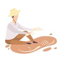 Male Archaeologist Researching Skeleton of Prehistoric Animal, Scientist Character Working on Excavations with Historical Artifacts Flat Illustration vector