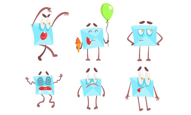 Funny Paper Envelopes Cartoon Characters Set, Cute Letter with Various Emotions Illustration