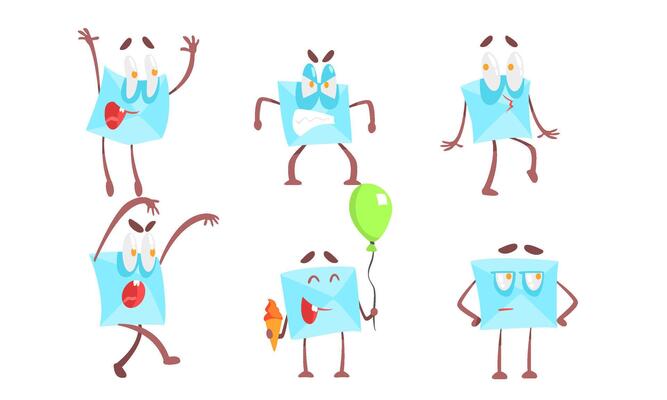Cute Paper Envelopes Cartoon Characters Set, Funny Letter with Various Emotions Illustration