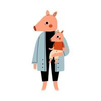 Mother Pig Holding Piglet on Her Hands, Loving Parent Animal and Adorable Child Humanized Characters, Illustration vector
