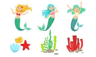 Cute Little Mermaids and Underwater World Elements Set, Fairytale Princess, Algae, Corals, Sea Shells Illustration vector