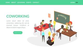 Coworking Landing Page Template, Business People Working Together in Friendly Open Workspace, Freelance, Teamwork, Interaction Website Illustration vector