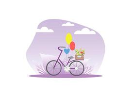 Bicycle with Wooden Crate of Flowers and Balloons on Spring or Summer Background Illustration vector