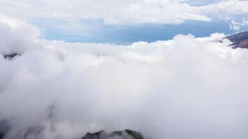 Beautiful valley in the mountains covered with air clouds. Drone view video