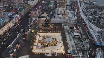 Aerial. central square of Vladivostok with a skating rink and ice slides video
