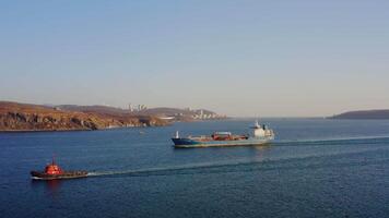 Aerial view of the tanker in motion in strait video