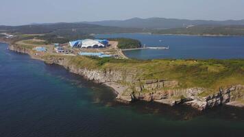 Aerial view of the beautiful Primorsky Oceanarium on a sunny day video