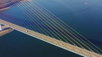 Aerial view of the cable-stayed bridge bridge over the strait video