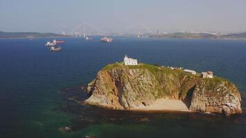 Drone view of the rocky Skriplev Island in the middle of the sea video