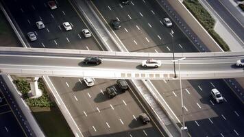 Aerial View Showcasing the Bustle of Busy Overpass and Highway Traffic Below from Above video