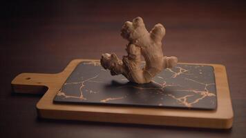 Ginger Root Beautifully Arranged on a Stylish Cutting Board Within a Modern Kitchen Setting video