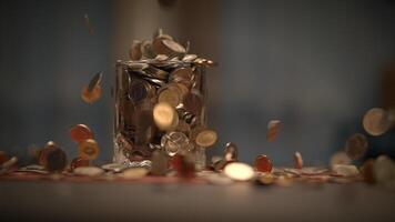 Falling Coins in a Glass Jar Placed on a Table That Reflects Abundance and Prosperity video
