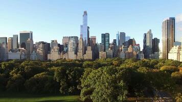 View of Central Park and NYC skyline with modern architecture and greenery from above video