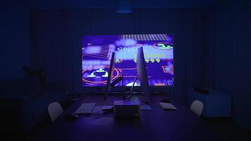 A contemporary gaming setup enhanced with vibrant ambient lighting and multiple screens video
