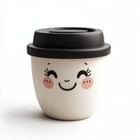 Cute smiling face ceramic cup with lid for warm beverages and comfort photo