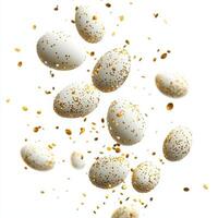 Floating white eggs with gold speckles on white background in abstract art concept photo