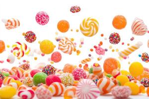 Colorful assortment of vibrant candy sweets in motion against white background photo
