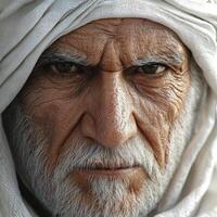 Portrait of elderly male with intense gaze and traditional headscarf capturing wisdom photo