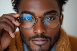 Close-up portrait of a man wearing eyeglasses emphasizing confidence and style photo