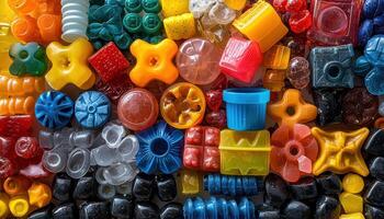 Colorful assortment of plastic blocks in various shapes and textures photo