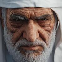 Close-up portrait of an elderly middle-eastern man with traditional headscarf photo