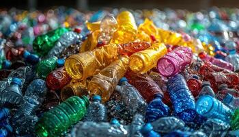 Pile of multicolored plastic bottles highlighting global waste pollution issue photo