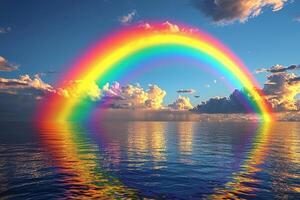 Vibrant rainbow arching over ocean with dramatic clouds and sunlight reflections photo