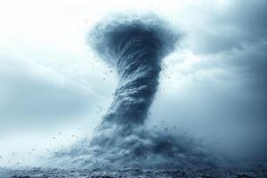 Powerful tornado twisting through stormy skies over rural landscape photo