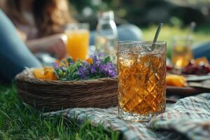 Refreshing iced tea in transparent glass on outdoor picnic blanket photo