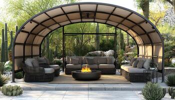 Outdoor patio lounge with fire pit and modern wicker furniture in desert oasis photo