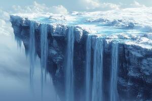 Majestic frozen waterfalls cascading from snowy cliff in icy landscape photo