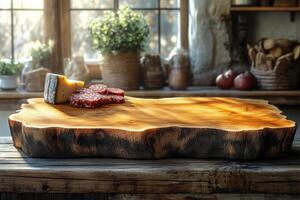 Rustic wooden cutting board with cheese and salami in sunlit kitchen setting photo