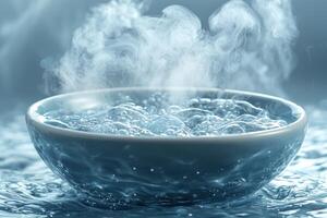 Steaming bowl of hot water with bubbles and vapor on shimmering surface photo