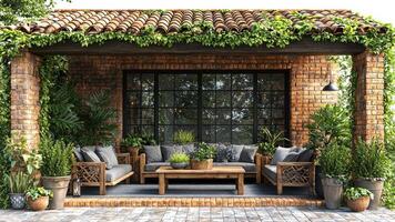 Cozy outdoor patio with brick architecture and greenery in relaxation setting photo