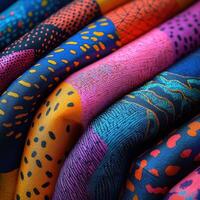 Colorful abstract patterned fabric with vibrant textures and designs showcasing textile art photo
