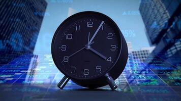 Modern black alarm clock set against an urban background showcasing digital data analytics video