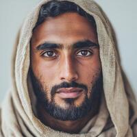 Portrait of a bearded man in traditional attire with intense gaze reflecting cultural heritage photo