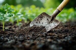 Close-up of a gardening shovel digging rich soil in a vegetable garden photo