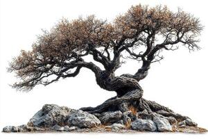 Ancient twisted tree with weathered trunk and gnarled branches in rocky terrain photo