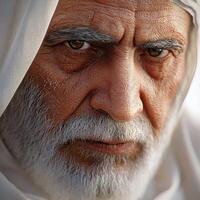 Intense portrait of a bearded elderly middle eastern man wearing traditional attire photo