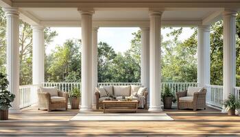 Elegant outdoor patio with classic columns and wicker furniture in a serene garden setting photo