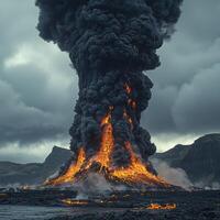 Dramatic volcanic eruption with lava flow and thick smoke in rugged landscape photo