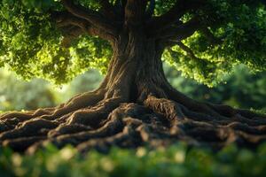 Majestic oak tree with sprawling roots and lush green leaves in sunlight photo