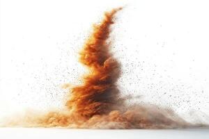 Chaotic burst of orange powder in motion captured against a white backdrop photo