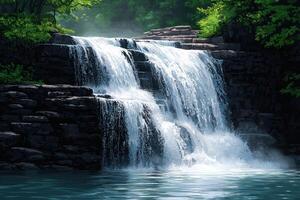 Peaceful waterfall cascading in lush forest landscape capturing serene natural beauty photo