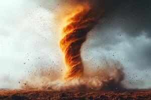 Dynamic tornado twisting over dusty ground with dark stormy sky in background photo
