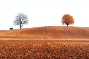 Autumn landscape with orange tree and tractor on plowed field hill scenery photo