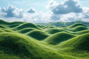 Lush green rolling hills landscape with blue sky and clouds in a serene countryside photo