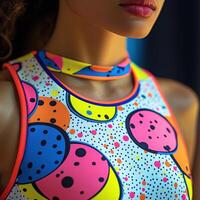 Colorful geometric patterned dress with female figure in vibrant close-up view photo
